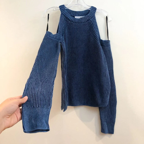 Rag & Bone Navy Cotton Blend Knit Cold Shoulder Navy Crew Neck Sweater FLAWED - Picture 4 of 9